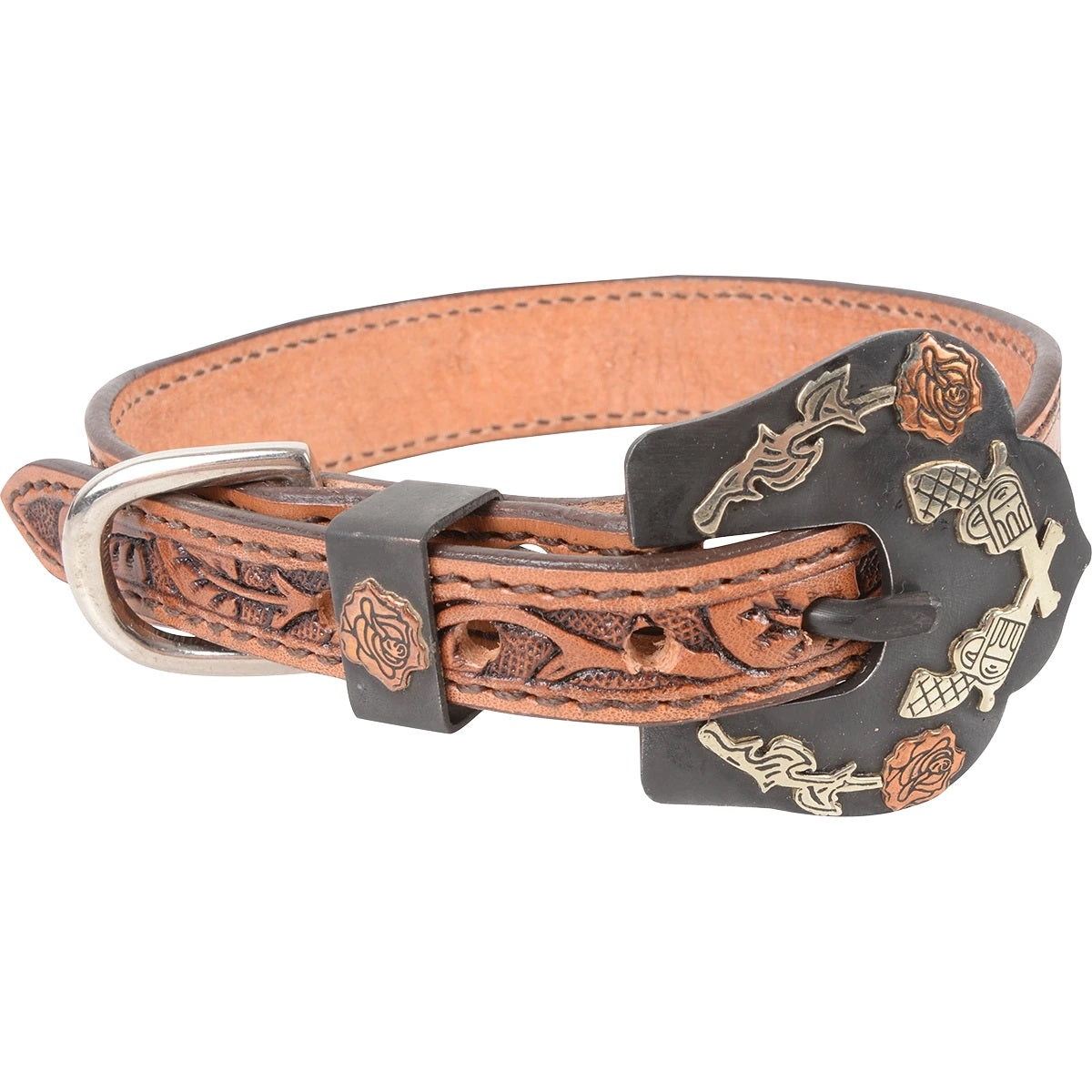 Cashel Guns & Roses Tooled Leather Dog Collar